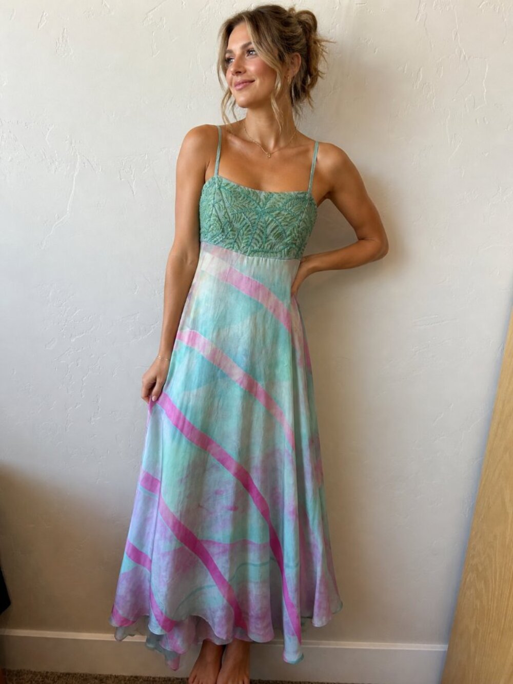 Anthropologie Floreat Dress Sz S Pastel Beaded Chiffon Maxi Boho Fairycore